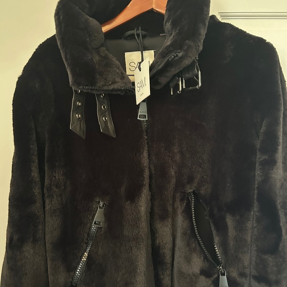SAM Denver Black Faux Fur Moto Bomber Jacket women's large - Picture 1 of 8
